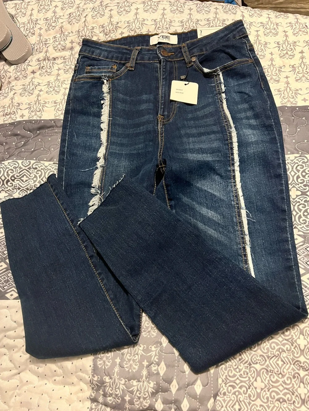 Vibe Dark Blue Skinny Jeans with White Distressed Front Stripes